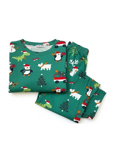 Feg Store %100 Pamuk Yeşil Uzun Kollu Yılbaşı Temalı Pijama Takımı