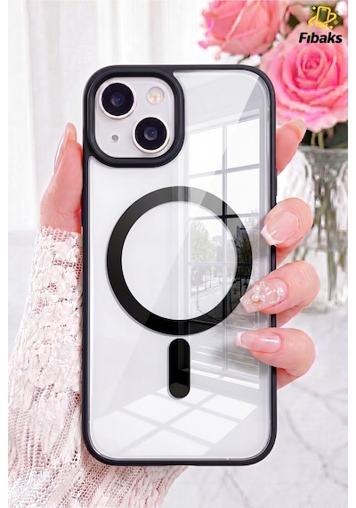 Fibaks iPhone 14 Plus/15 Plus Uyumlu Kılıf Magsafe Wireless Şarj Özellikli Tam Koruma Renkli Sert Silikon Siyah