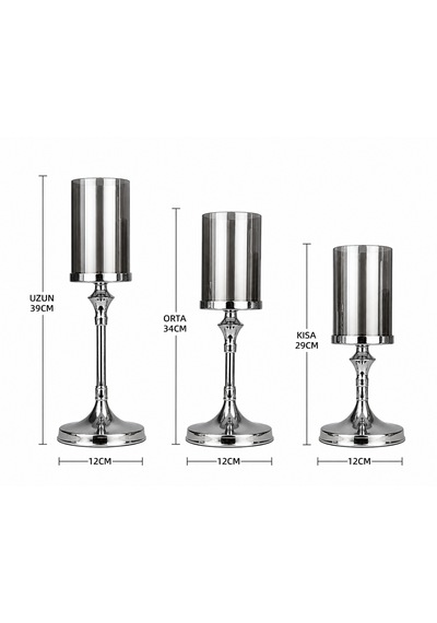 3 Lü Metal Cam Şamdan Seti Füme Camlı Gümüş Renk Dekoratif Mumluk Uzun34cm-orta39cm-kısa29cm Modern Ev Dekoru Antik Gümüş