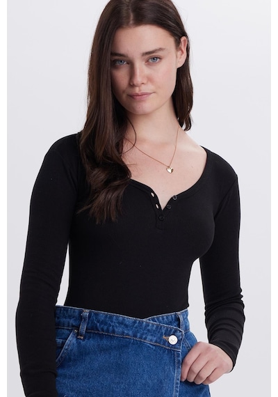 Tudors Kadın Slim Fit Dar Kesim Pamuklu V Yaka Siyah Bluz-38830 Siyah