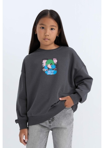 DeFacto Kız Çocuk Relax Fit Bisiklet Yaka Baskılı Sweatshirt D6495A8NSAR15 Antrasit
