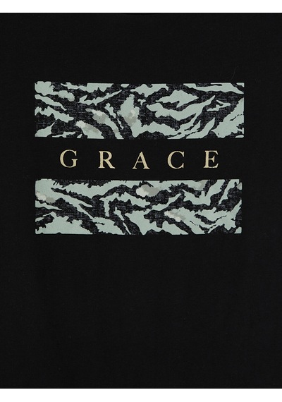 Lcw Grace Siyah Baskılı %100 Pamuklu Kadın Tişört