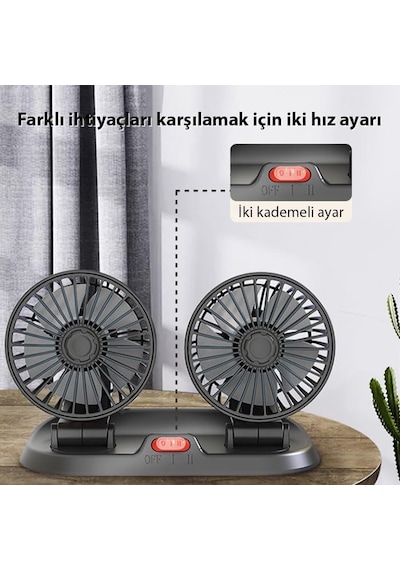 Ally F410 Usb Çift Başlıklı Araç Fanı Oto Fan Vantilatör Ve Numaratör, Siyah