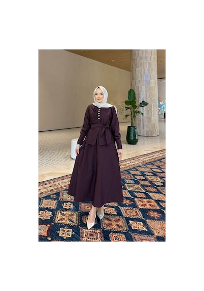 Riella Butik Moré Düğme Detaylı Tesettür Takım Mürdüm