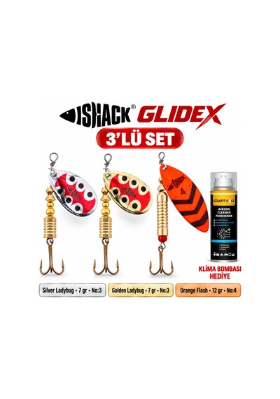 Fishack Glidex 3'lü Döner Kaşık Seti + Klima Bombası  - Silver Ladybug 7 Gr No:3 + Golden Ladybug 7 Gr No:3 + Orange Flash 12 Gr No:4