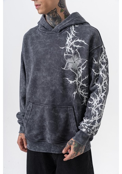 Respire Erkek Far From Basic Baskılı Yıkamalı Kapüşonlu Oversize Hoodie Siyah