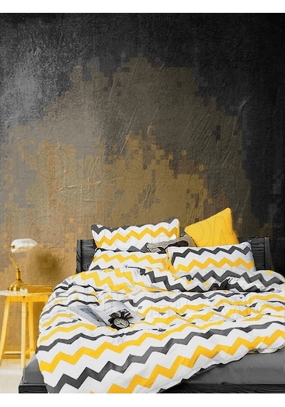 Lotus Home Zigzag Desen Lüks Pamuklu Tek Kişilik Nevresim Takımı Seti Sarı