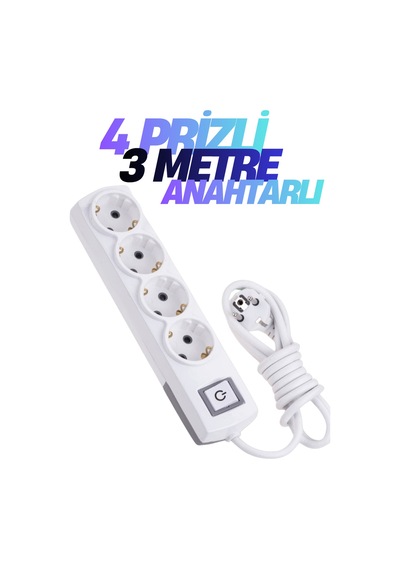 Klc 4'lü Grup Priz 3 Metre Anahtarlı Topraklı Çocuk Korumalı Uzatma Kablosu Seyyar Kablo 4lü Priz 3 m