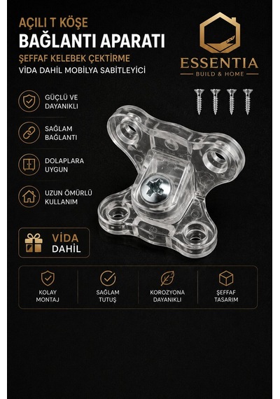 Açılı T Köşe Bağlantı Aparatı Şeffaf Kelebek Çektirme 40 Adet Vida Dahil Mobilya Sabitleyici Çoklu Renk