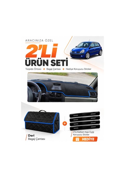 Renault Clio Symbol Airbagli 2003-2006 Uyumlu Torpido Örtüsü + Deri Çanta Seti - Siyah Mavi