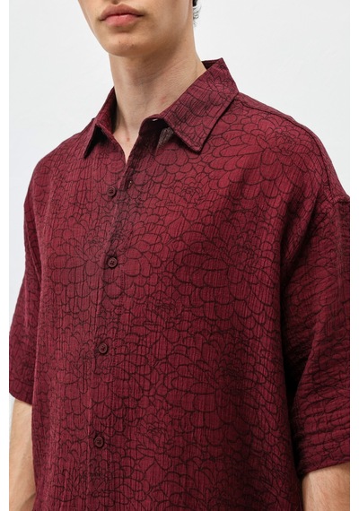 Vamos Oversize Desenli Kısa Kollu Gömlek Bordo