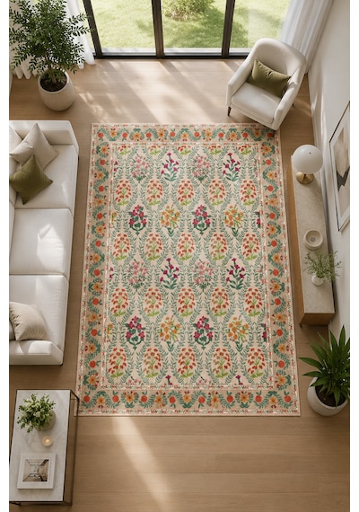 Modern Floral Desen Baskılı Kaymaz Yıkanabilir Salon Oturma Odası Mutfak Balkon Halısı Yolluk Bej