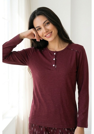 Mataş Kadın Pamuklu Uzun Kollu Üç Düğmeli Biyeli Soft Örme Yumuşak Pijama Takımı Bordo