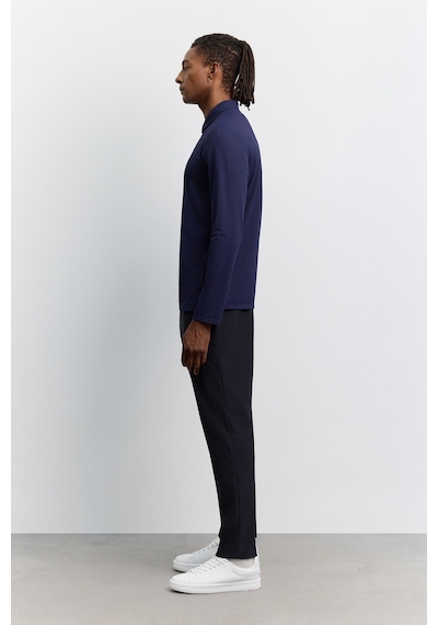 Avva Erkek Lacivert Polo Yaka Düğmeli Teknik Kumaş Uzun Kol Basic Regular Fit T-shirt A62y1014
