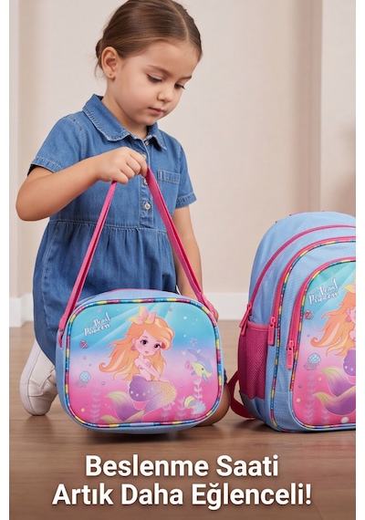 Mermaid Deniz Kızı Desenli Beslenme Çantalı İlkokul Ve Anaokulu Sırt Çantası Seti Ergonomik Çocu... Pembe