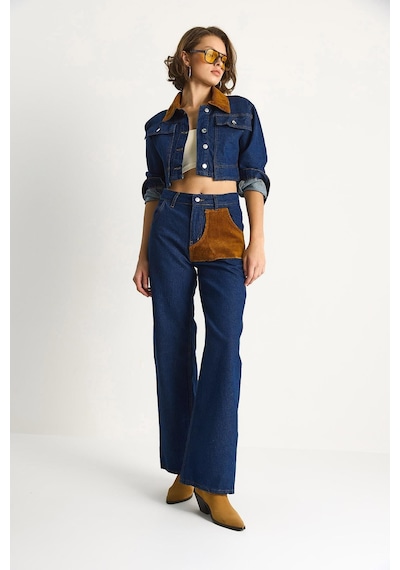 Shade Kadın Kadife Yaka Ceket Renk Bloklu Wide Leg Pantolon Denim Takım 6087 60283532 - Lacivert