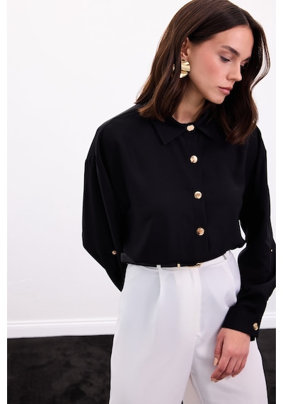 Sateen Çıtçıt Detaylı Gömlek - Siyah-136896 Siyah