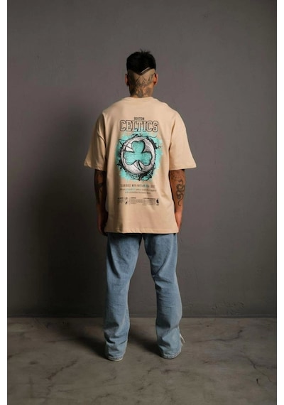 Erkek Sırt Baskılı T-shirt - Bej Bej