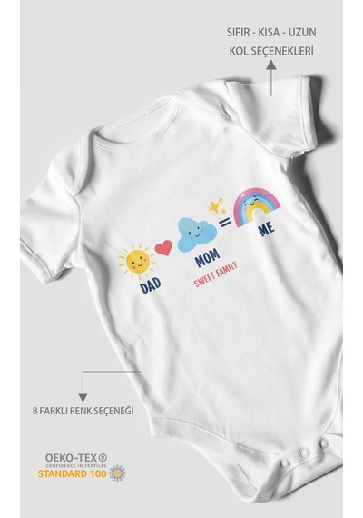 Morivokids Dad Mom Me Sweet Family Kısa Kollu Bebek Body %100 Pamuk Beyaz