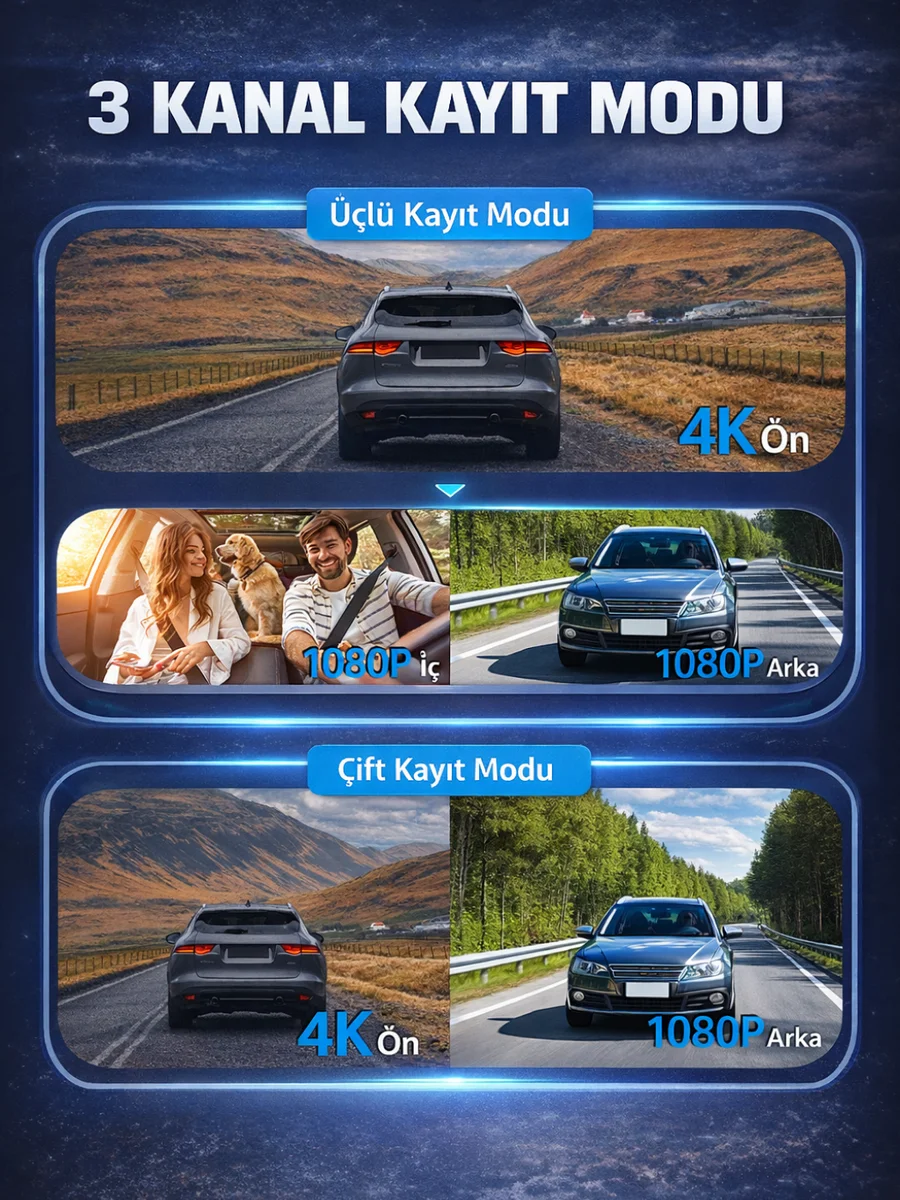 K02 Premium 3 Lens Araç İçi Kamera Wifi Gps 4k Ultra Hd Ön Arka İç Kamera Gece Görüşü Park Modu Dvr 31519350