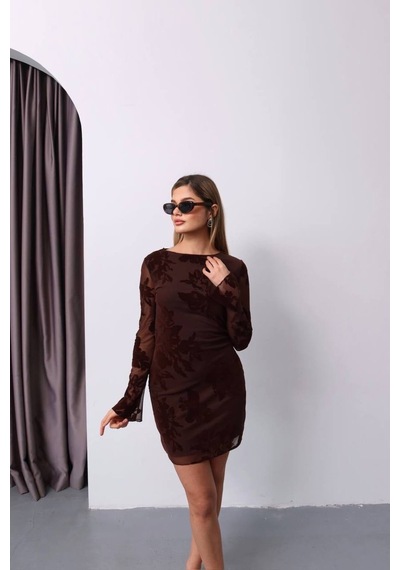 Kechi Woman Tül Kabartmalı Astarlı Mini Elbise Kahverengi