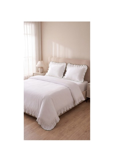 %100 Pamuk Overloklu Fırfırlı Çift Kişilik Nevresim Takımı Lastikli Çarşaflı 200x220 Cm Yeşil - 904804703 Yeşil