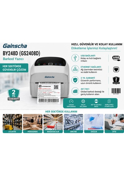 Gainscha By248d Gs2408d Barkod Etiket Yazıcı Usb/lan Ribonsuz Beyaz