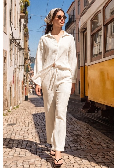 Olcay Beli Lastikli Müslin Pantolon Beyaz 7580