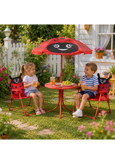 Uğur Böceği Çocuk Bahçe Masa Sandalye Ve Şemsiye Seti 2 Sandalye+1 Masa+1 Adet Şemsiye Kırmızı