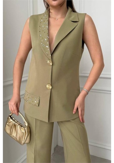 Neşeli Butik Kadın Yeşil Taş İşlemeli Gold Düğme Detaylı Kolsuz Blazer Ceket Pantolon Takımnbstr1030 Neşeli Butik Kadın Yeşil Taş İşlemeli Gold Düğme Detaylı Kolsuz Blazer Ceket Pantolon Takımnbstr1030