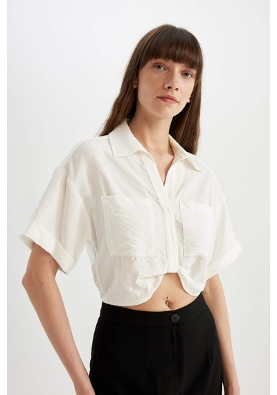 DeFacto Cropped Fit Gömlek Yaka Twill Kısa Kollu Bluz C7799AX24SMER105