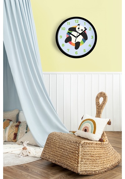 Sevimli Panda Tasarım Çocuk Odası Duvar Saati - 30cm - Önü Camlı Siyah Kasa - Sessiz Mekanizma-jh0747 Siyah