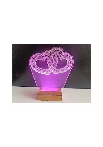 Şeffaf İlizyon Led Gece Lambası İki Kalp Görseli 20x15 Cm
