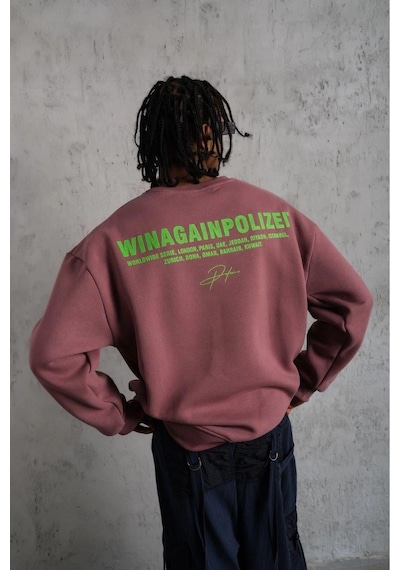Erkek Bisiklet Yaka Baskılı 3 İplik Pamuklu Sweatshirt - Gül Kurusu Gülkurusu