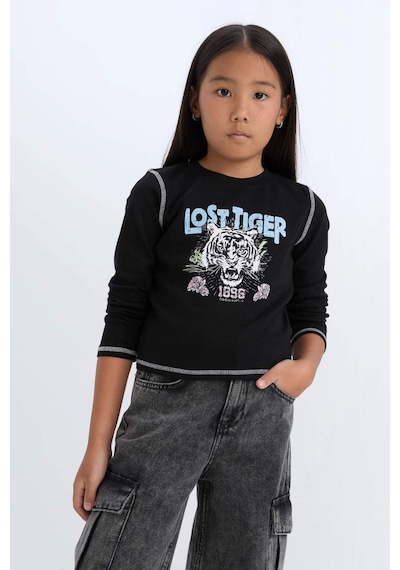 DeFacto Kız Çocuk Cropped Fit Bisiklet Yaka Baskılı Fitilli Kaşkorse Uzun Kollu Tişört D3430A824WNBK81 Siyah