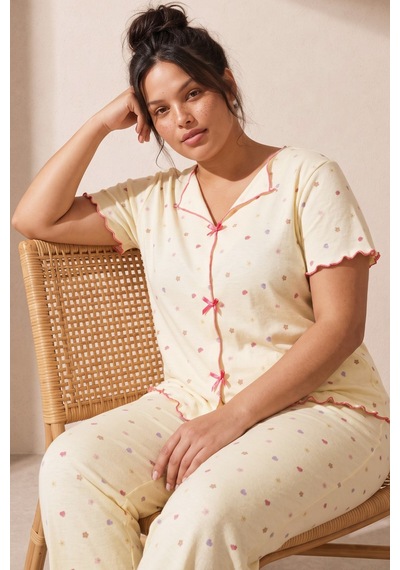 Siyah İnci Beden Fitilli Kaşkorse Örme Pijama Takım26120851 Sarı