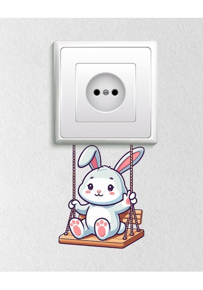 Sevimli Tavşan Salıncakta Dekoratif Priz, Anahtar Sticker 12x10 Cm