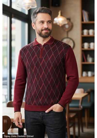 Kamalı Erkek Bordo Tüylenme Yapmayan Anti Pilling Kumaş Standart Fit Normal Kesim Polo Yaka Triko Kazak