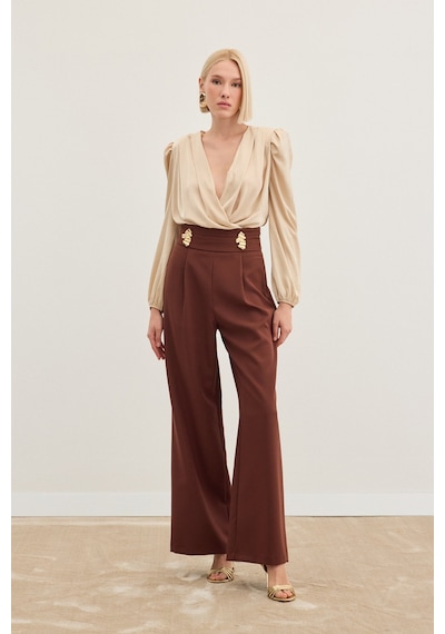 Sateen Bel Aksesuarlı Pantolon - Kahve-136487 Kahve