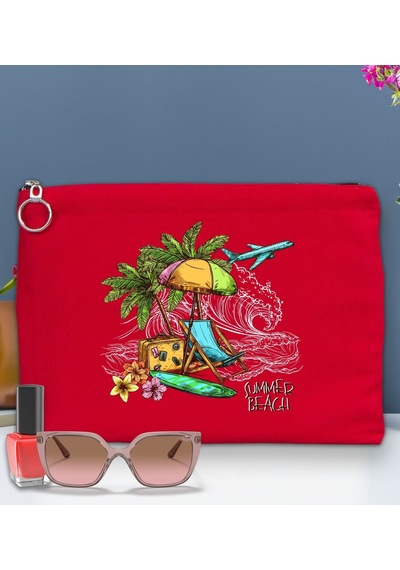 Bk Gift Yaz Temalı-9 Astarlı Kırmızı Portföy Çanta 30x21cm, Baskılı El Çantası, Organizer Çanta