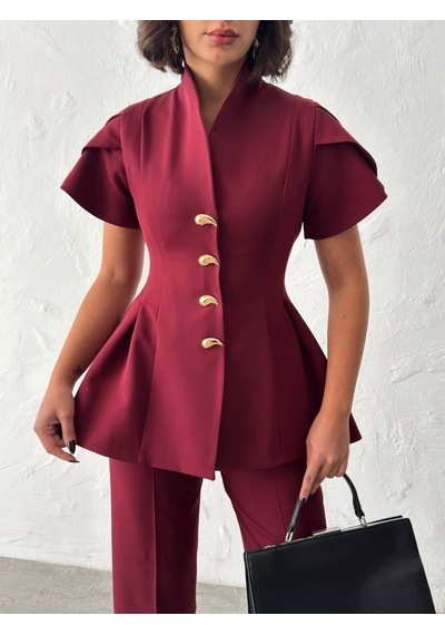 Duygudan Gold Düğme Detaylı Peplum Kesim Şık Kadın Takım - Bordo Çok Renkli