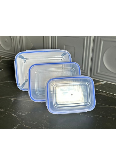 3 Parça Contalı Kapaklı Dikdörtgen Set 565-975-1675 Ml Vakumlu Contalı Kapaklı Saklama Kabı 3 Parça Set Mavi - Şeffaf