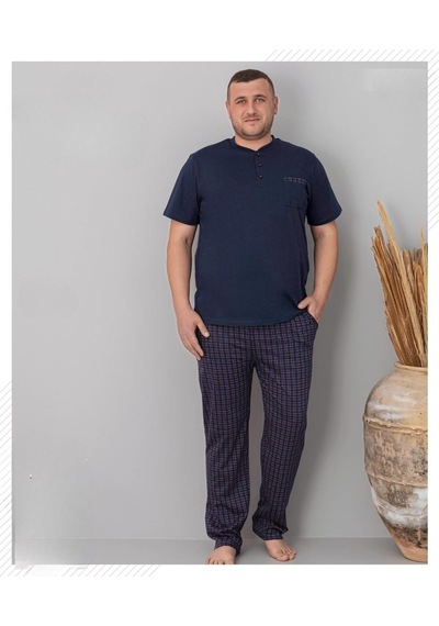 Pijamoni Erkek Battal Düğme Yaka Penye Kısa Kol Pijama Takımı 6730/6 - 1 Adet Lacivert