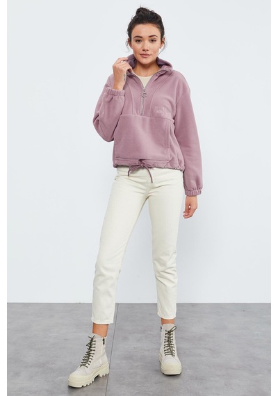 Tommy Life Gül Kurusu Yarım Fermuar Etek Ucu Büzgülü Kadın Polar Oversize Sweatshirt - 97171 Gülkurusu