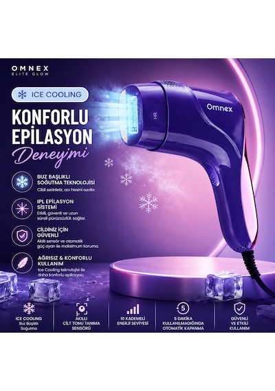 Omnex EliteGlow IPL Lazer Epilasyon Cihazı Buz Başlıklı 10 Kademe Enerji Sınırsız Atım