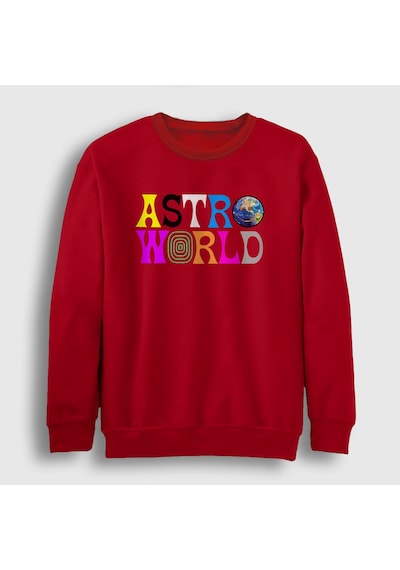 Presmono Unisex Astroworld V2 Travis Scott Sweatshirt Kırmızı