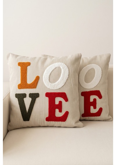 2'li Punch İşlemeli Kırlent Kılıfı Modern Bohem Dekoratif Koltuk Yastık Kılıfı Love Love
