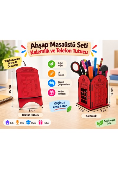 Ahşap Kalemlik Ve Telefon Tutucu Kırmızı