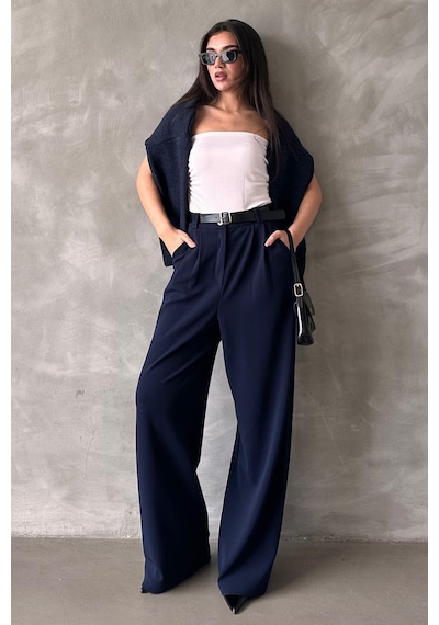 Madmext Lacivert Çift Pileli Kemerli Pantolon Mg2330 Lacivert