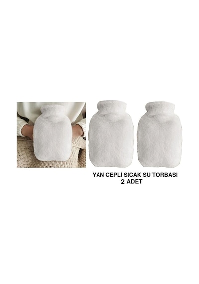 Sıcak Su Torbası 2 Adet,yan Cepli Beyaz Peluş Termofor 27x17x2cm 750ml Beyaz